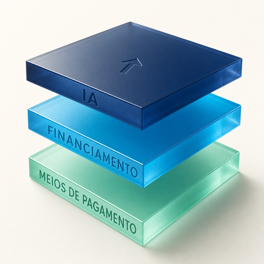 Camadas empilhadas: sistema atual, IA comercial Weelow e crédito parceiro — a infraestrutura que gera receita em cima do que a clínica já tem